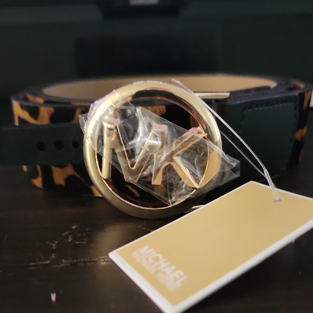Michael Kors Leopard Print Belt with Gold Buckle